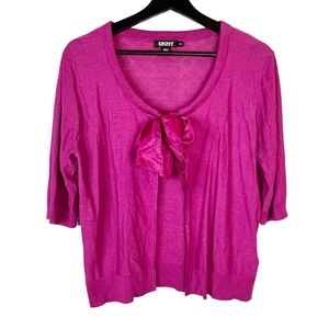 EUC DKNY Fuchsia Tie Neck Open Front Silk Cardigan Sweater